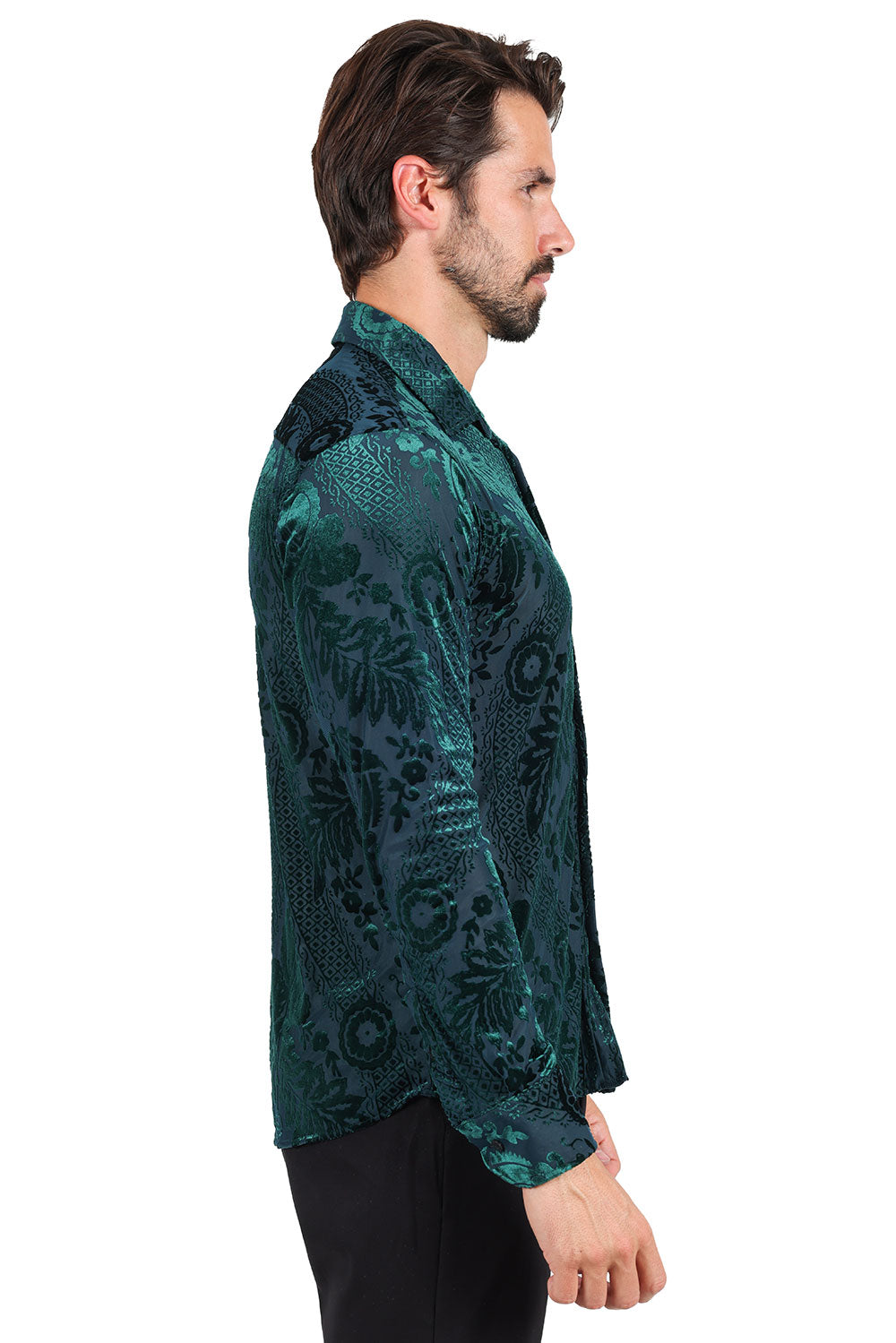BARABAS Men's Floral Paisley See Through Long Sleeve Shirt 2SVL02 Green