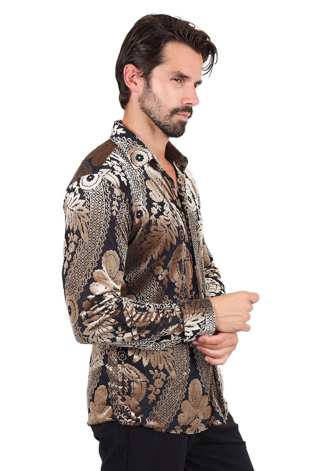 BARABAS Men's Floral Paisley See Through Long Sleeve Shirt 2SVL02 Gold