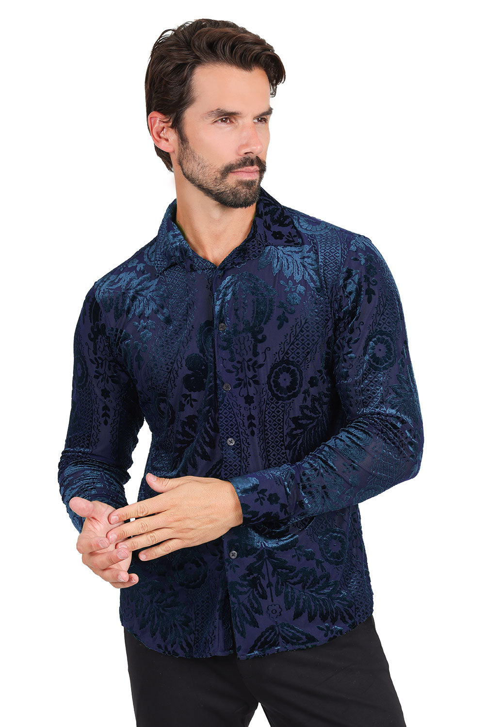 BARABAS Men's Floral Paisley See Through Long Sleeve Shirt 2SVL02 Navy