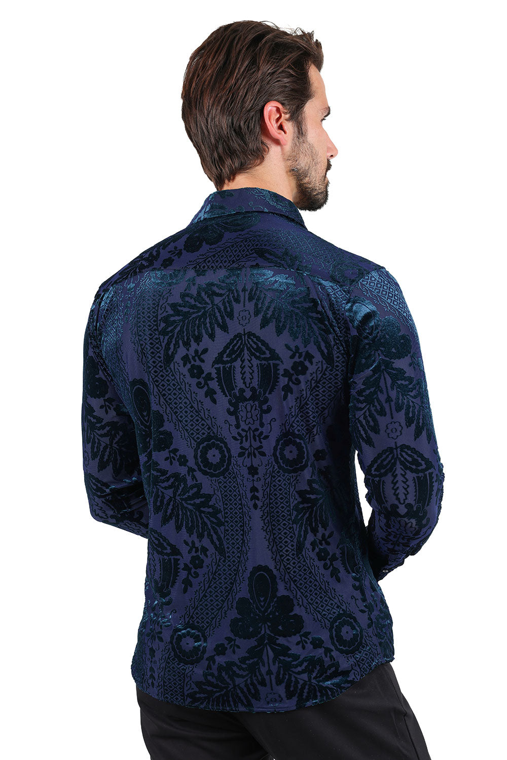 BARABAS Men's Floral Paisley See Through Long Sleeve Shirt 2SVL02 Navy