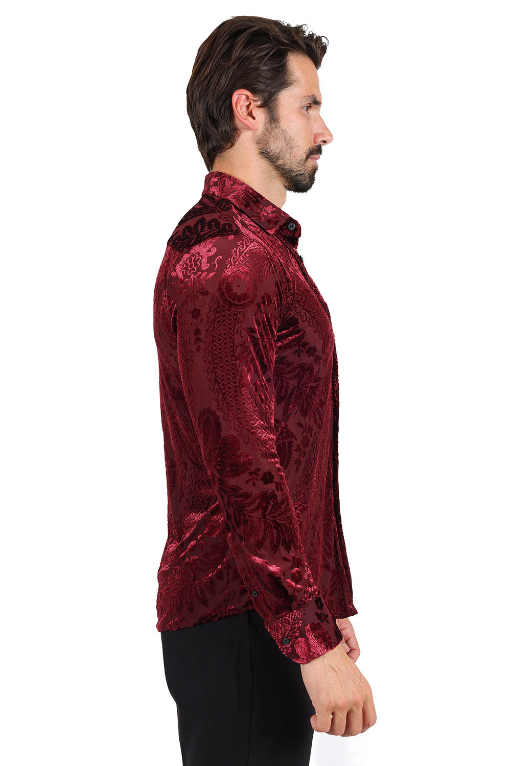 BARABAS Men's Floral Paisley See Through Long Sleeve Shirt 2SVL02 Wine