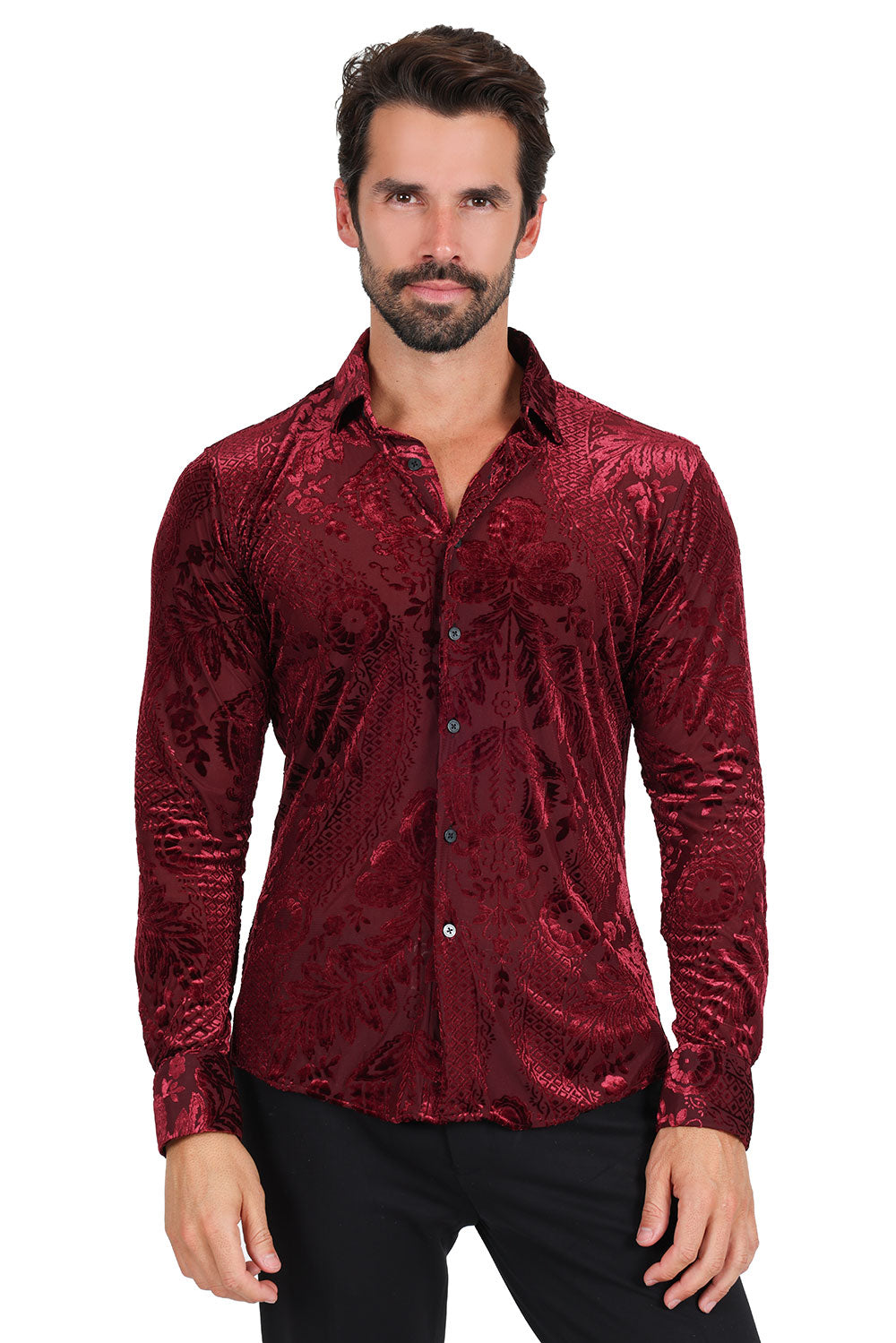 BARABAS Men's Floral Paisley See Through Long Sleeve Shirt 2SVL02 Wine