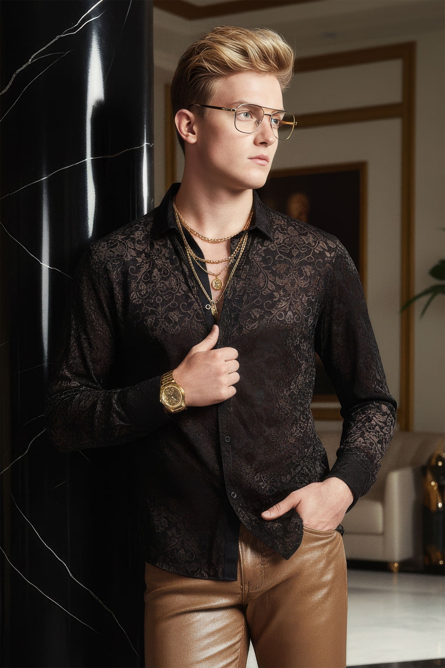 BARABAS Men's Floral Vines See Through Long Sleeve Shirt 2SVL08 Black Gold