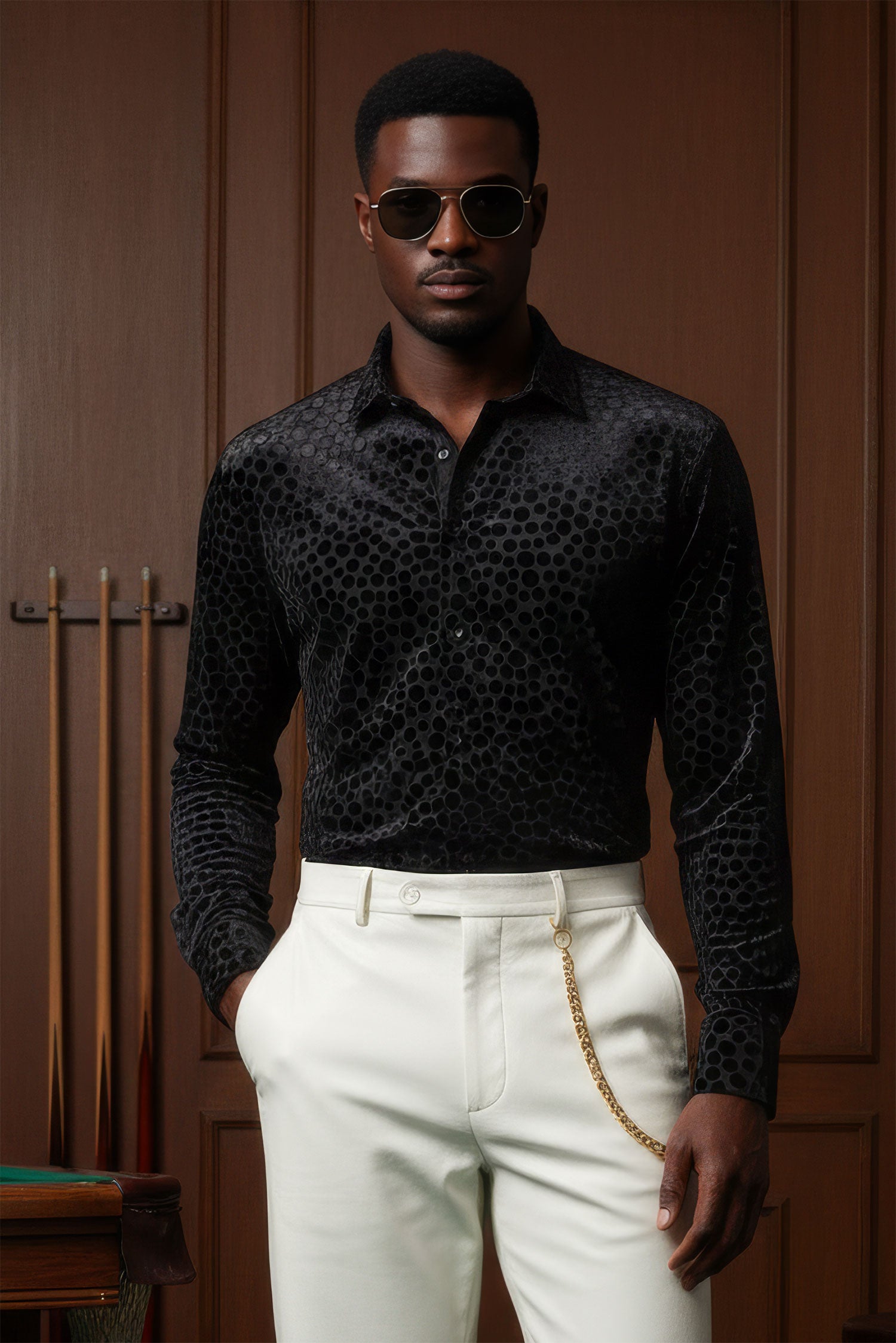 BARABAS Men's Polka Dotted See Through Long Sleeve Shirt 2SVL11 Black
