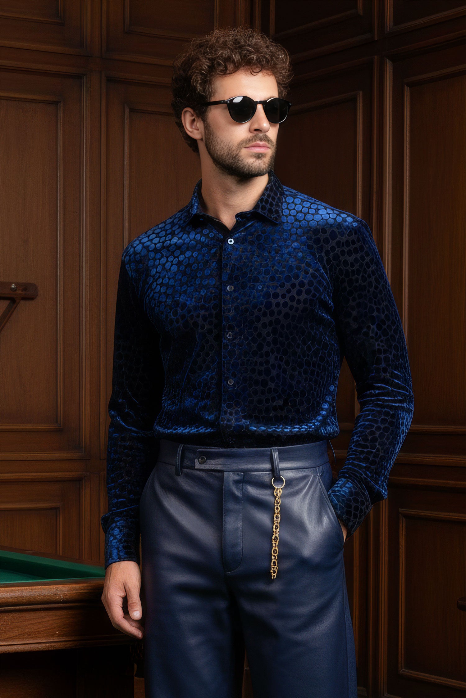 BARABAS Men's Polka Dotted See Through Long Sleeve Shirt 2SVL11 Navy