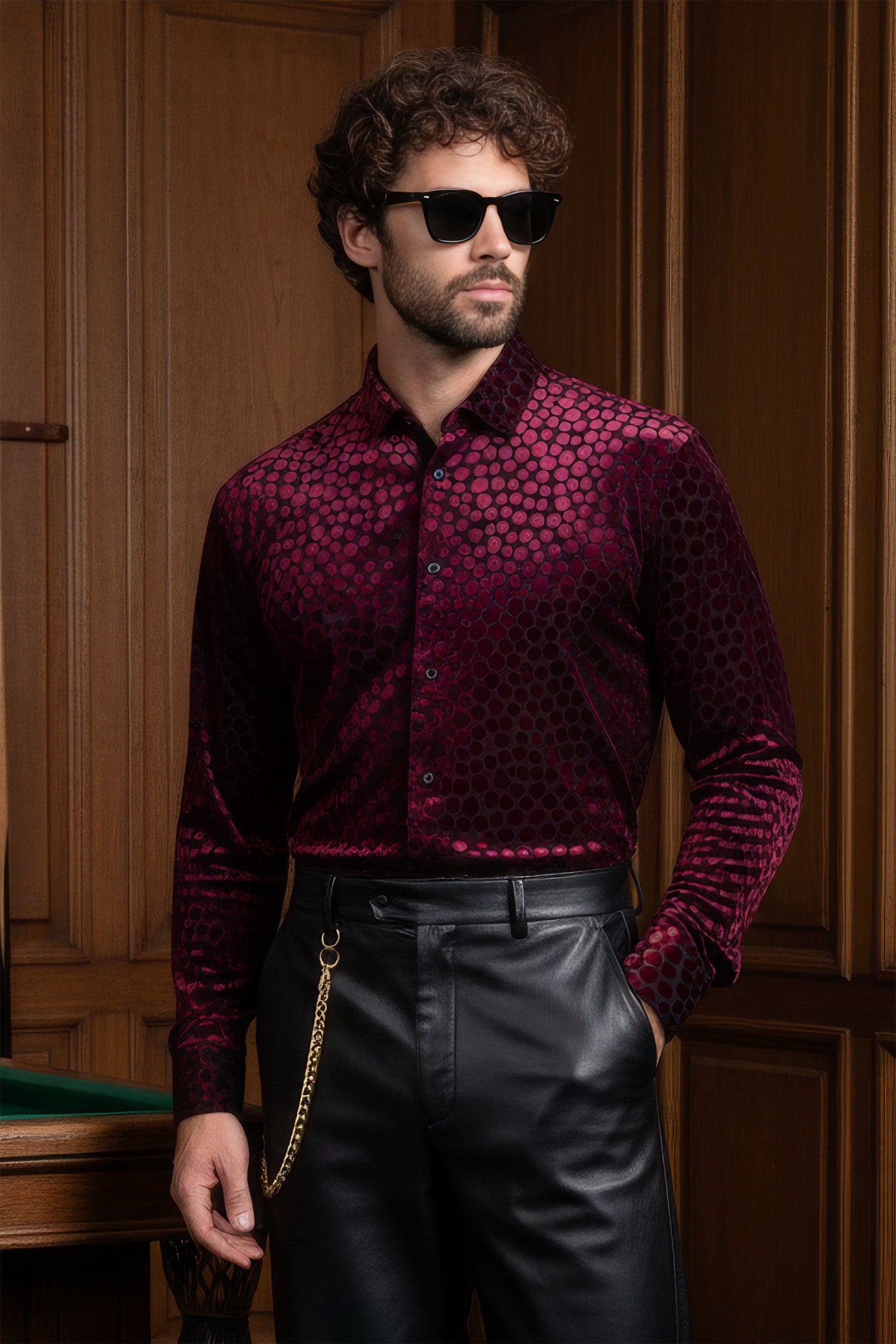 BARABAS Men's Polka Dotted See Through Long Sleeve Shirt 2SVL11 Wine
