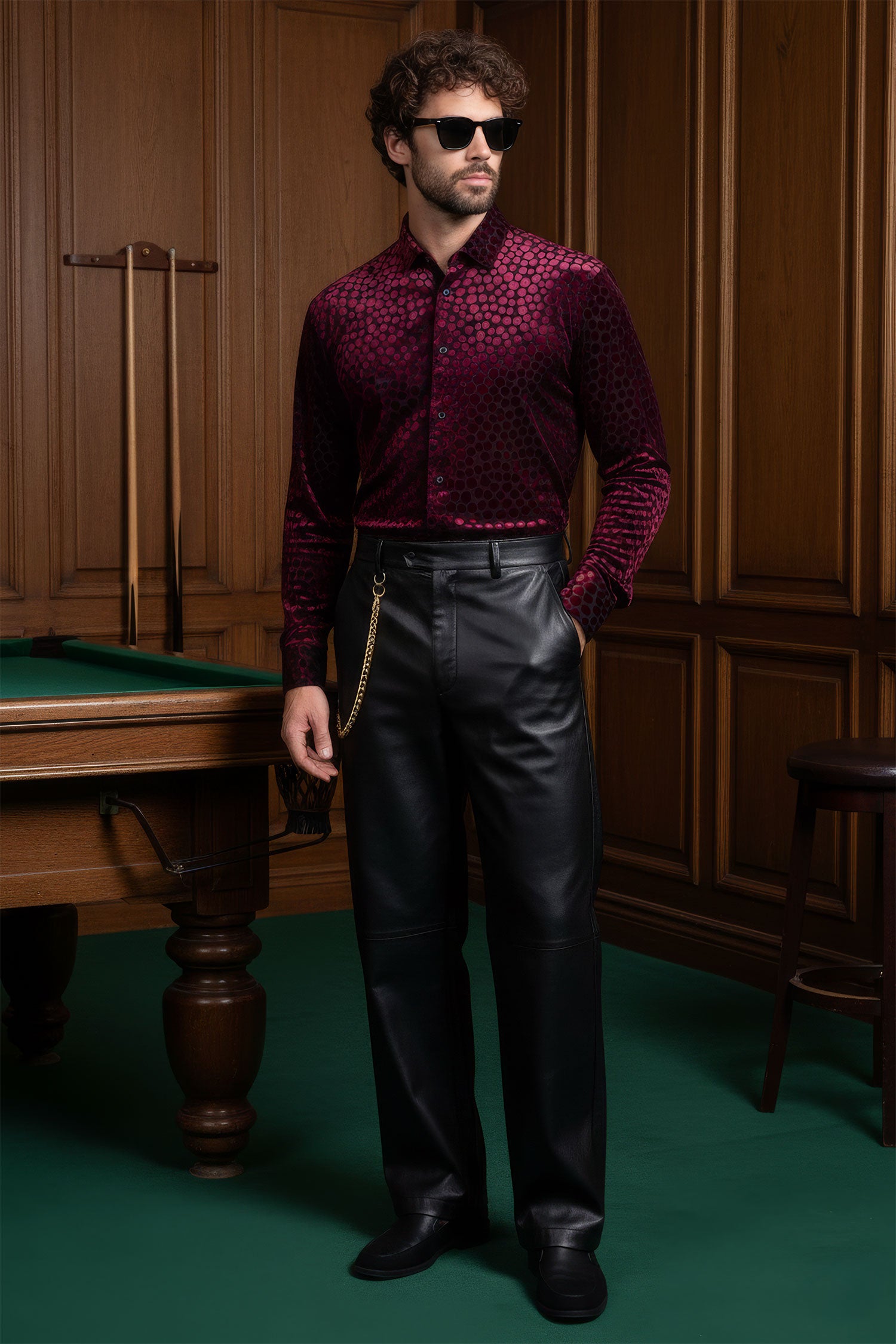BARABAS Men's Polka Dotted See Through Long Sleeve Shirt 2SVL11 Wine