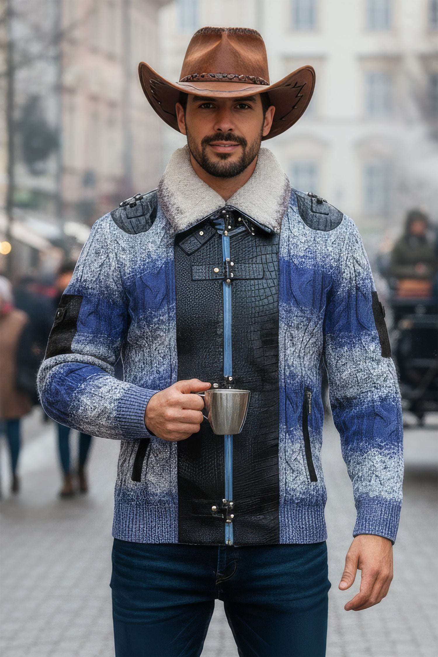 Barabas Men's Zipper Stand collar Animal Print Winter Jacket 2SWZ1 Blue