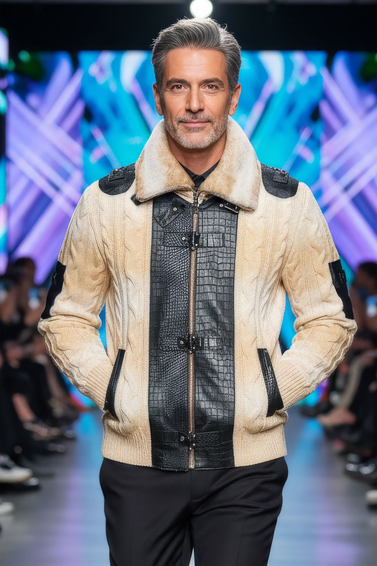 Barabas Men's Zipper Stand collar Animal Print Winter Jacket 2SWZ1 Cream