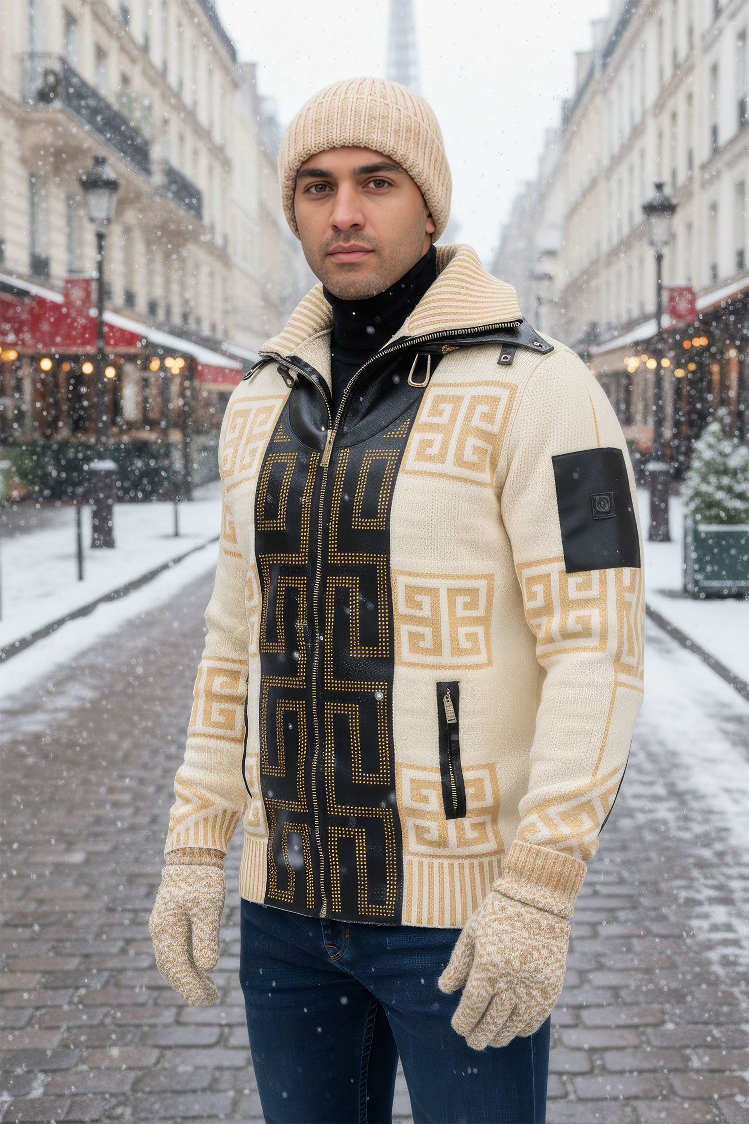 Barabas Men's Greek Key Print Front Faux Leather Winter Jacket 2SWZ2 Cream Mocha Gold