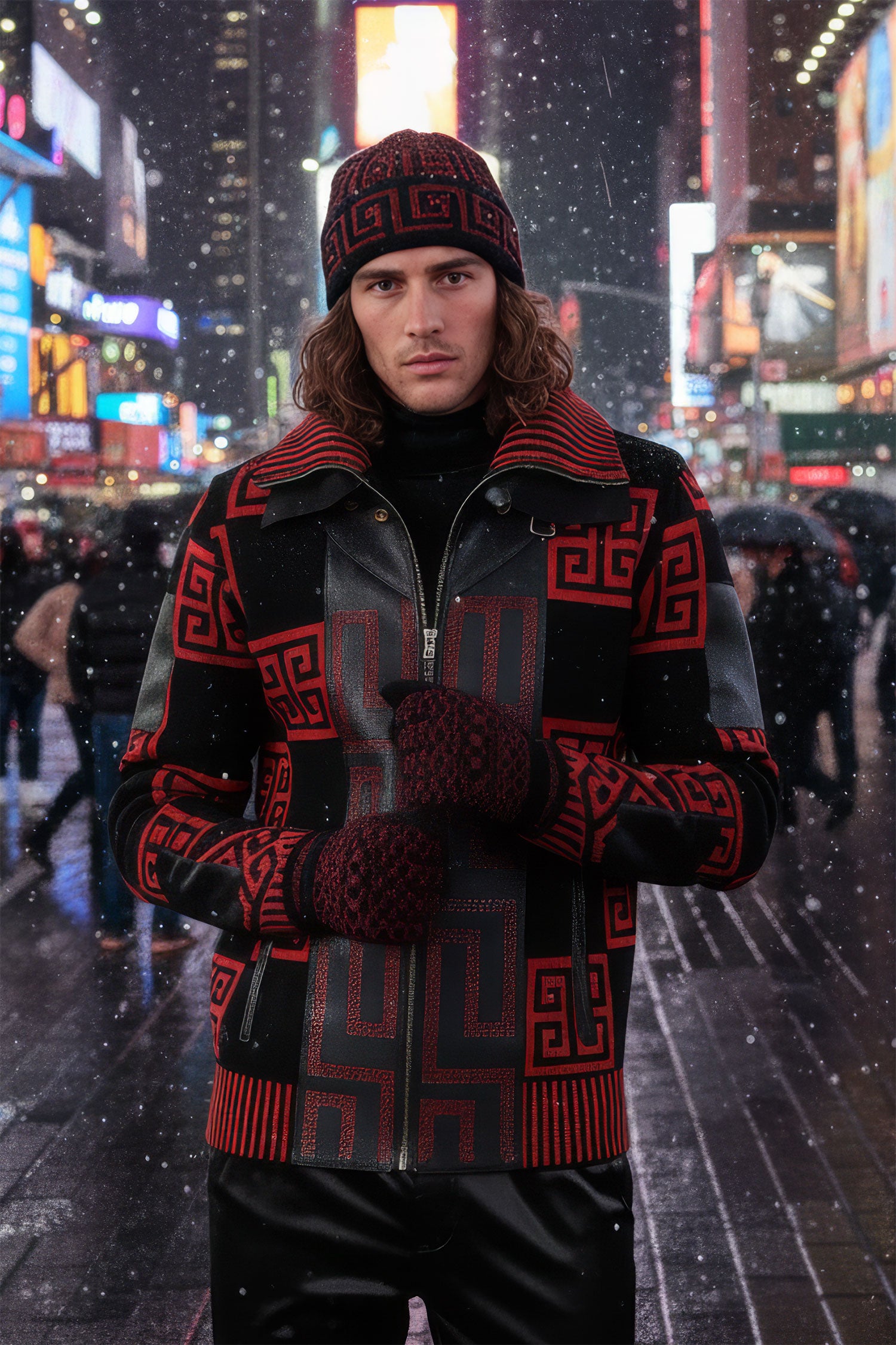 Barabas Men's Greek Key Print Front Faux Leather Winter Jacket 2SWZ2 Red Black