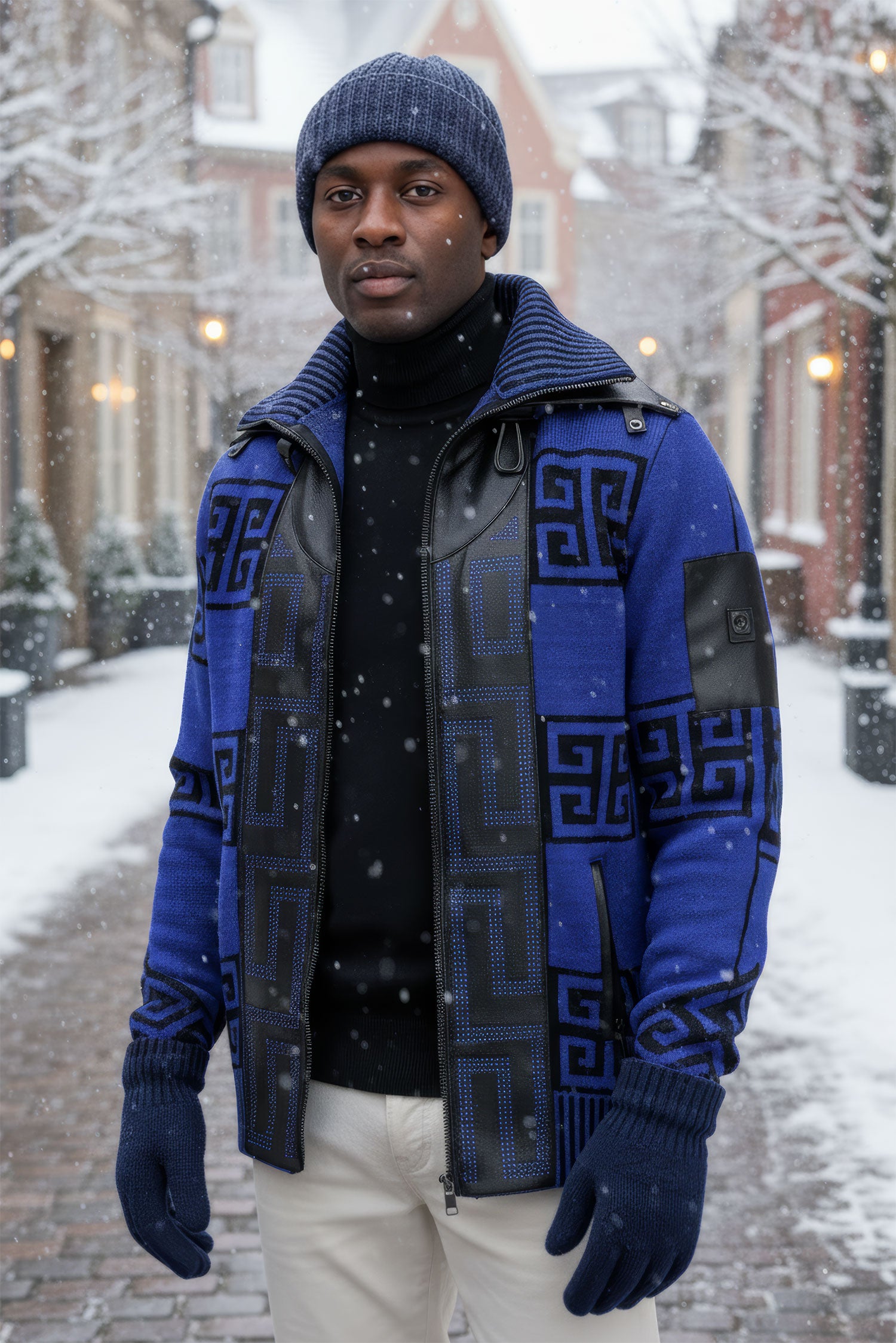Barabas Men's Greek Key Print Front Faux Leather Winter Jacket 2SWZ2 Royal Black