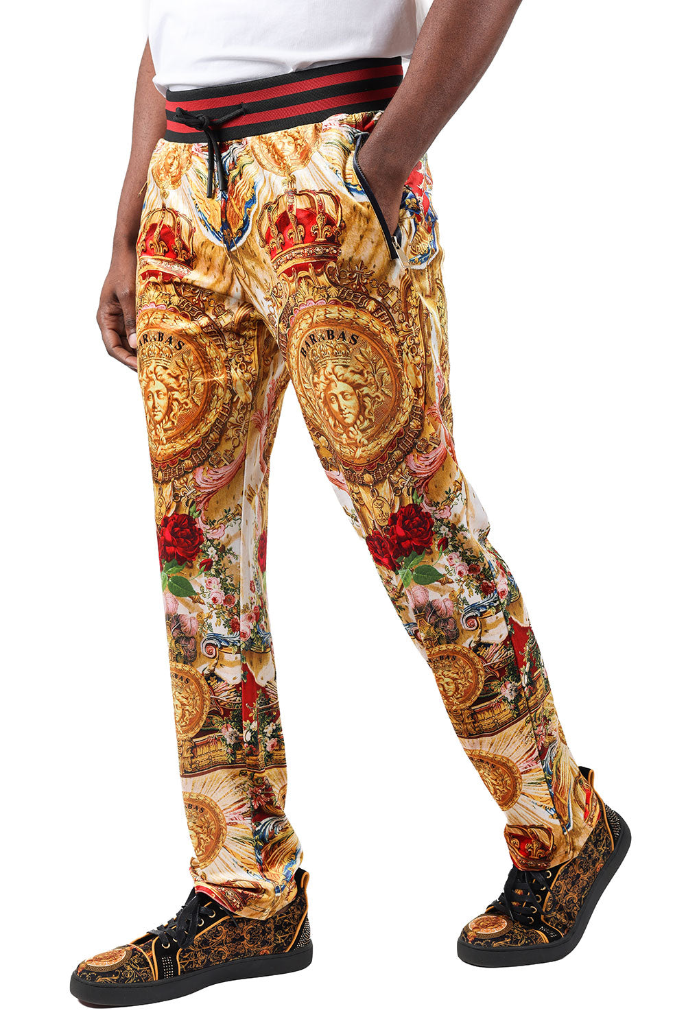 BARABAS Men's Crown Medusa Floral Baroque Design Jogger Pants 2TPP21
