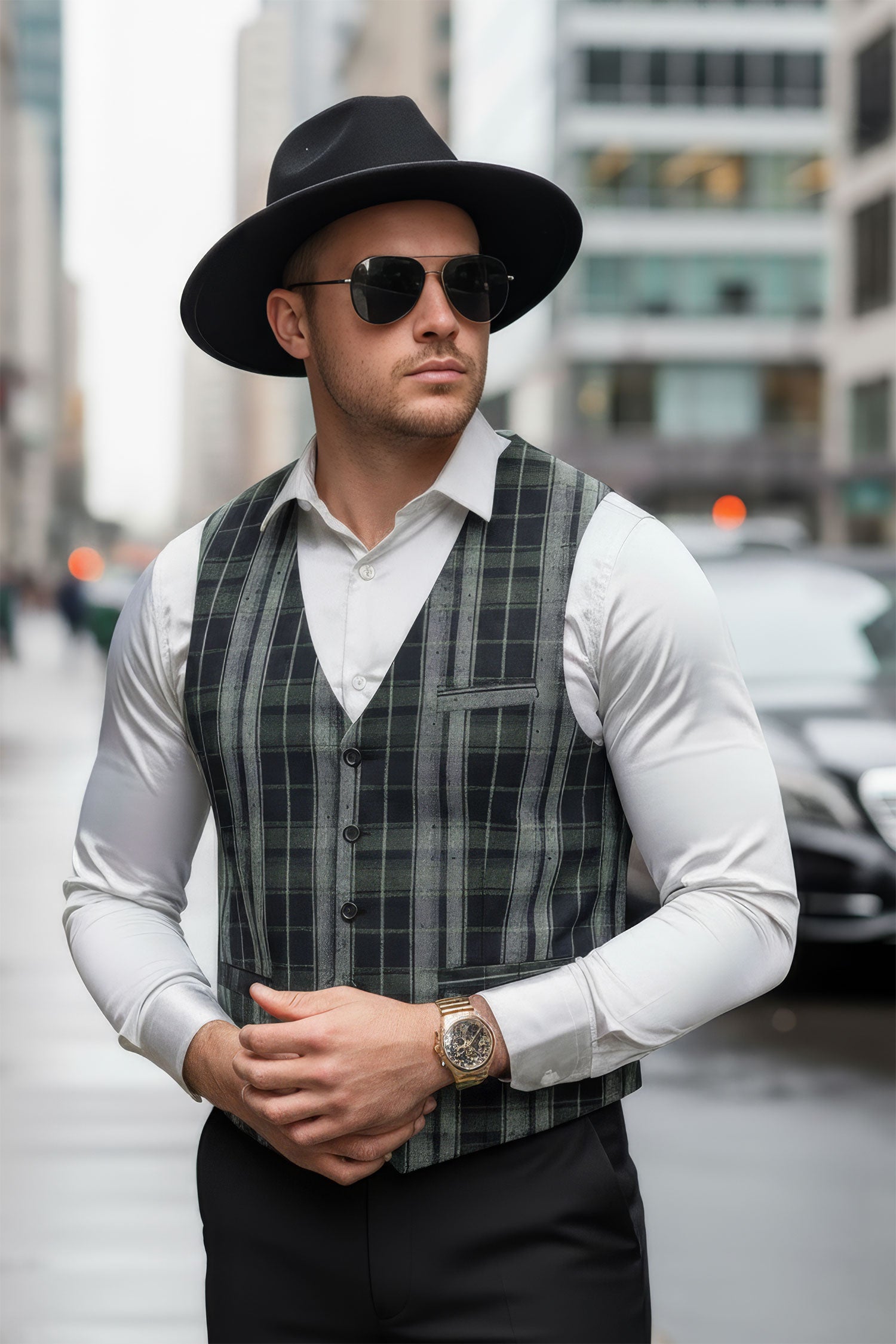 Barabas Men's Checkered Plaid Black Grey Green Dress Vest 2VP193 Black Green