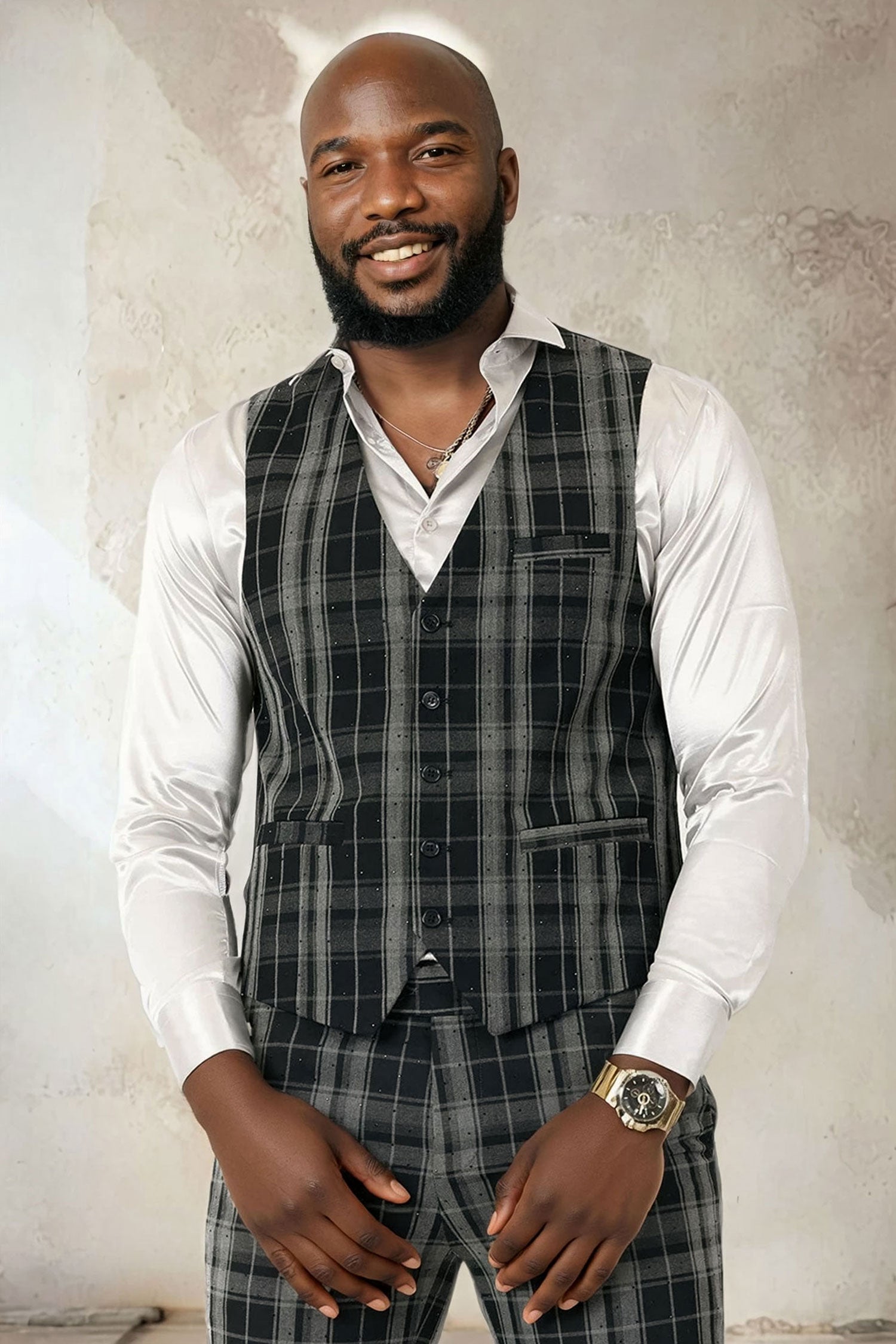 Barabas Men's Checkered Plaid Black Grey Green Dress Vest 2VP193 Black Grey