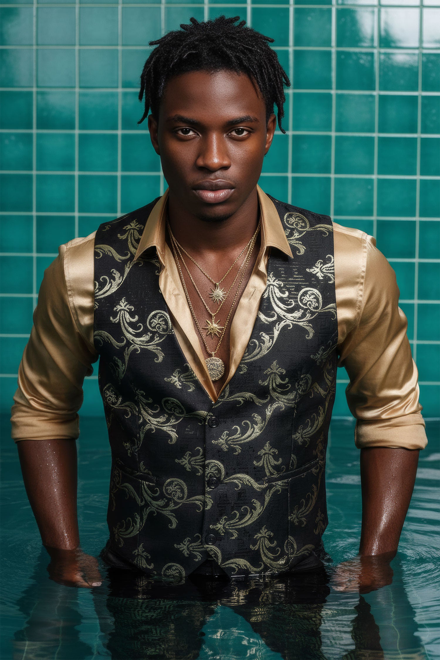 Barabas Men's Greek Key Pattern Floral Print Luxury Dress Vest 2VP3102 Black Gold