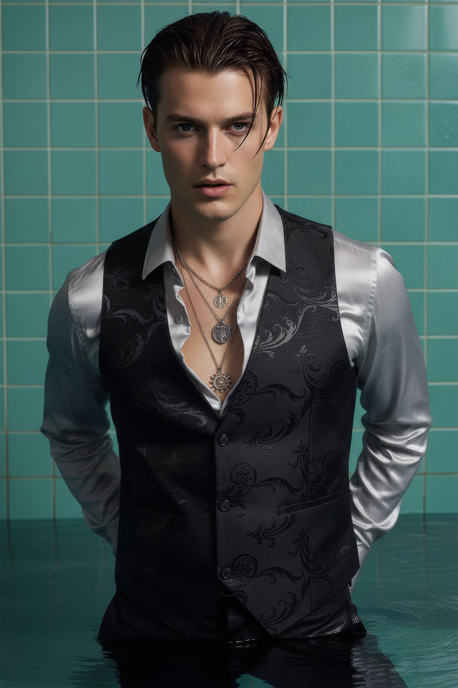 Barabas Men's Greek Key Pattern Floral Print Luxury Dress Vest 2VP3102 Black