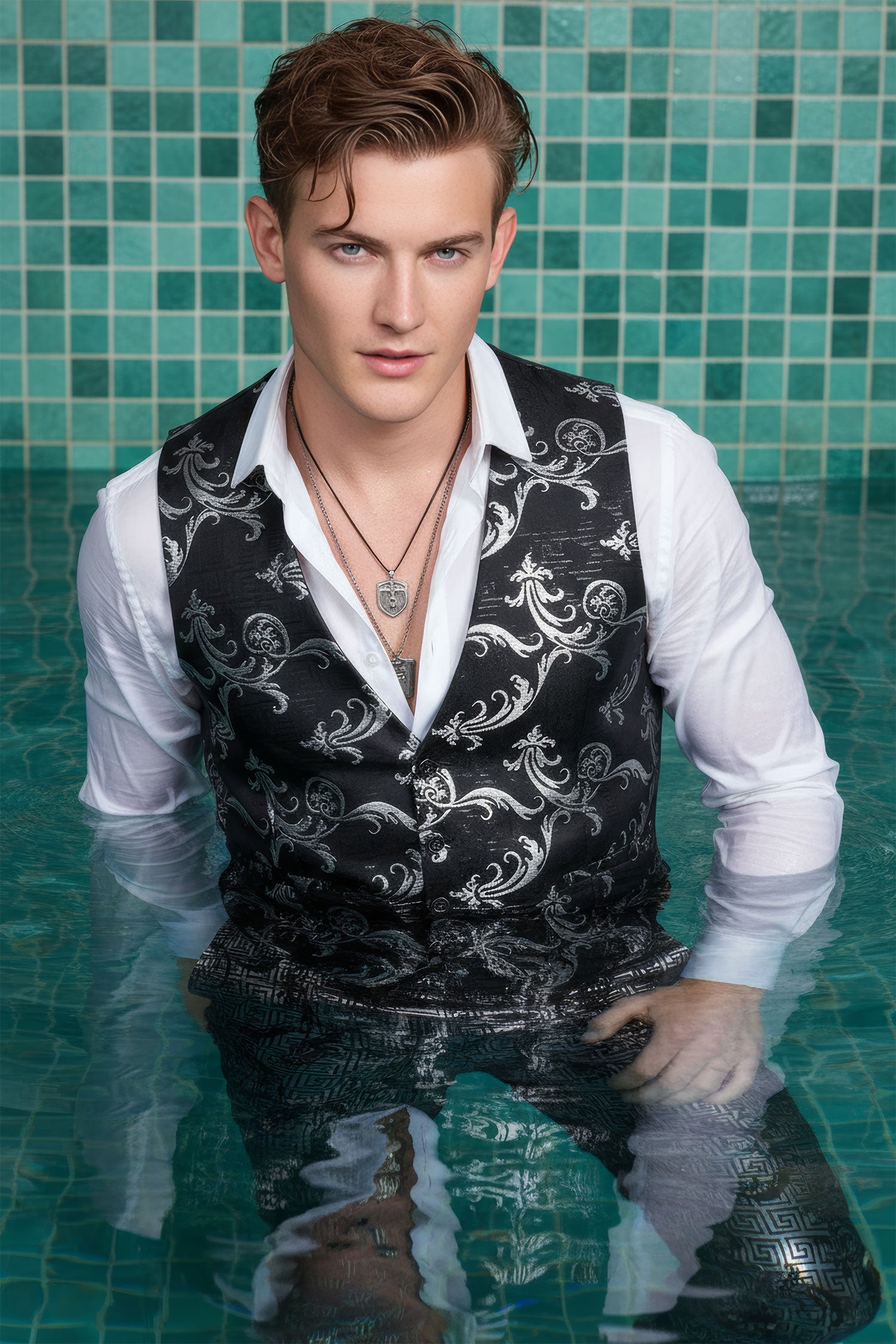 Barabas Men's Greek Key Pattern Floral Print Luxury Dress Vest 2VP3102 Black  Silver