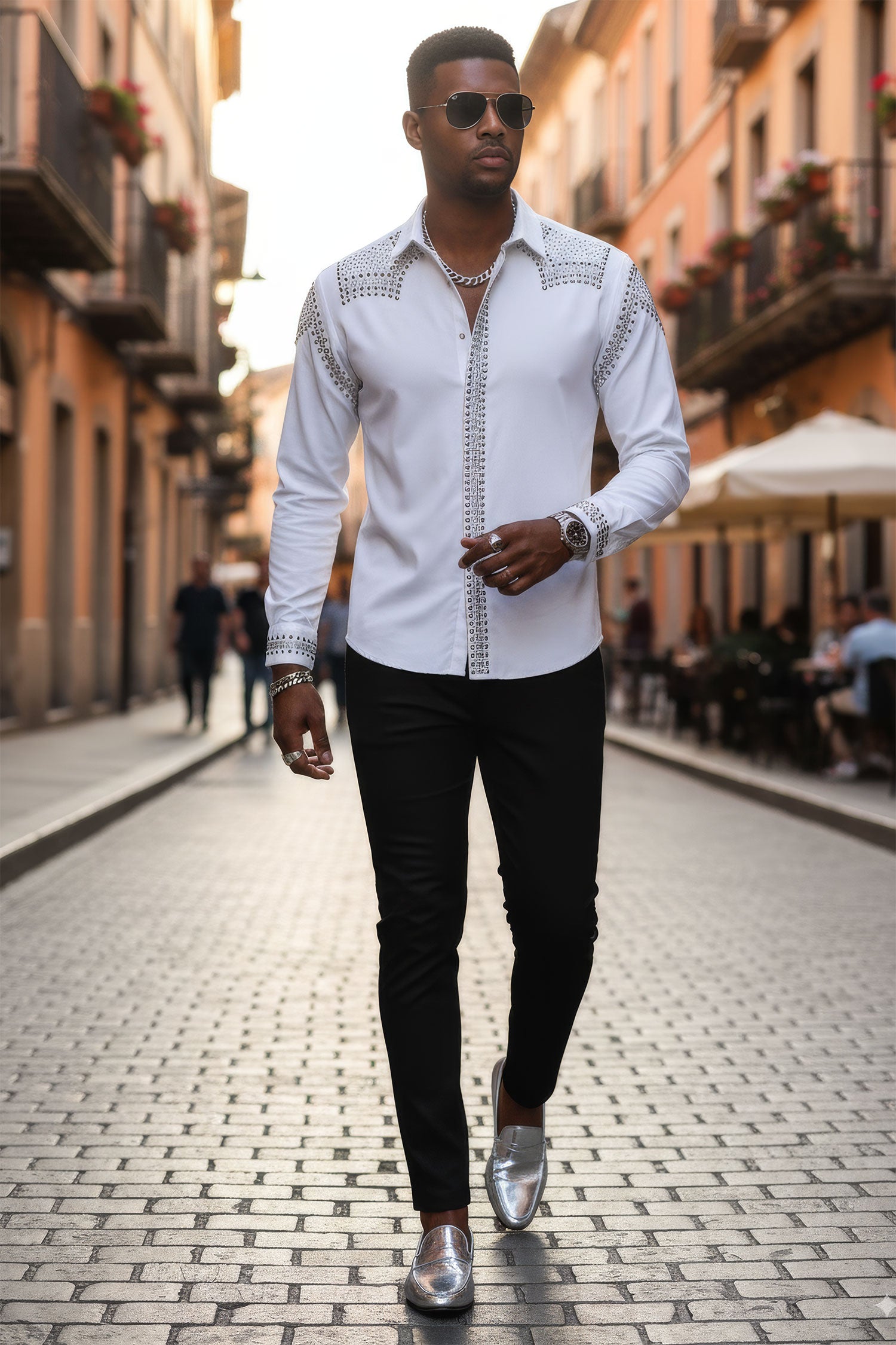 Barabas Men's Studded Premium Solid Long Sleeve Shirts 3B24 White Silver