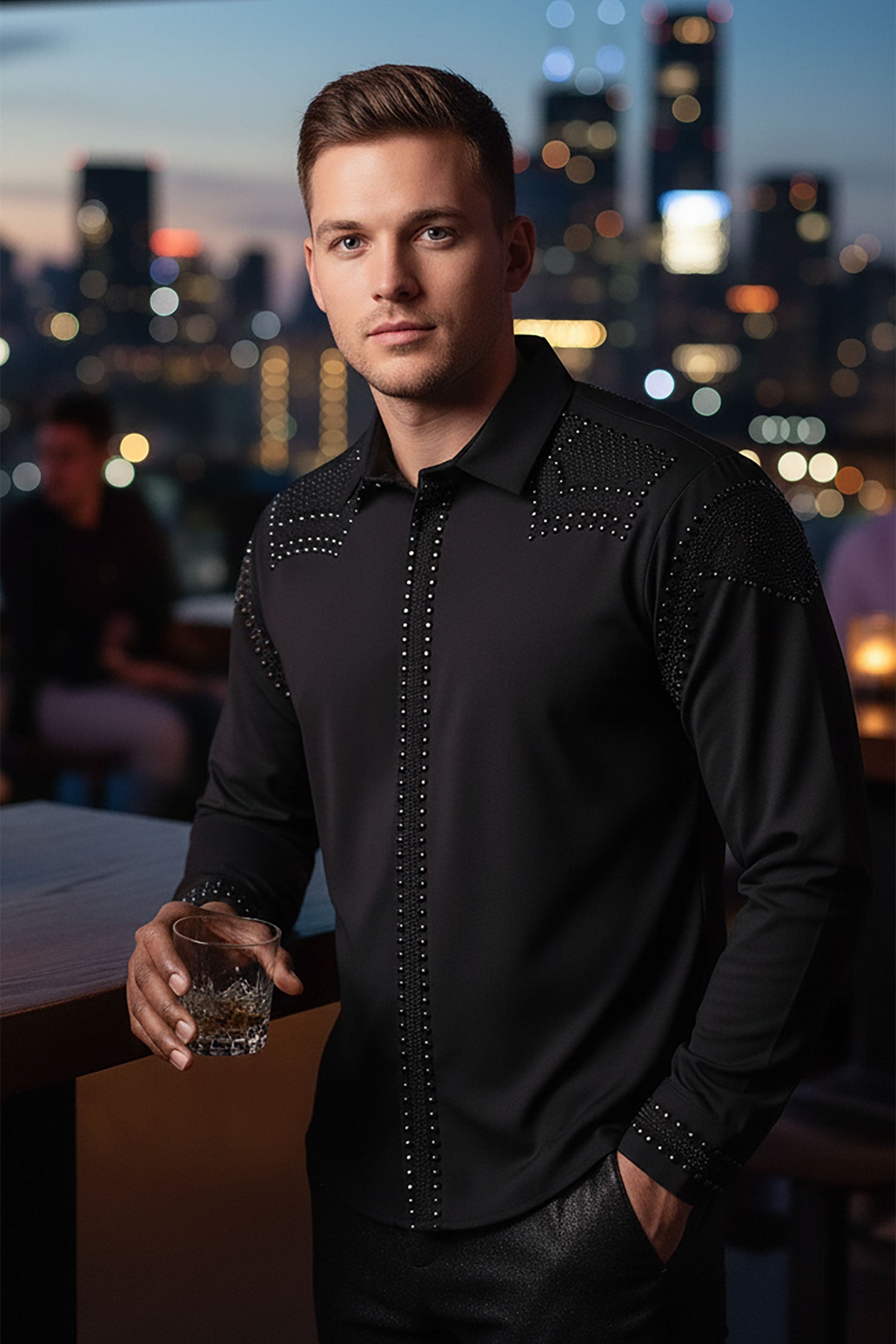 Barabas Men's Studded Premium Solid Long Sleeve Shirts 3B24 Black