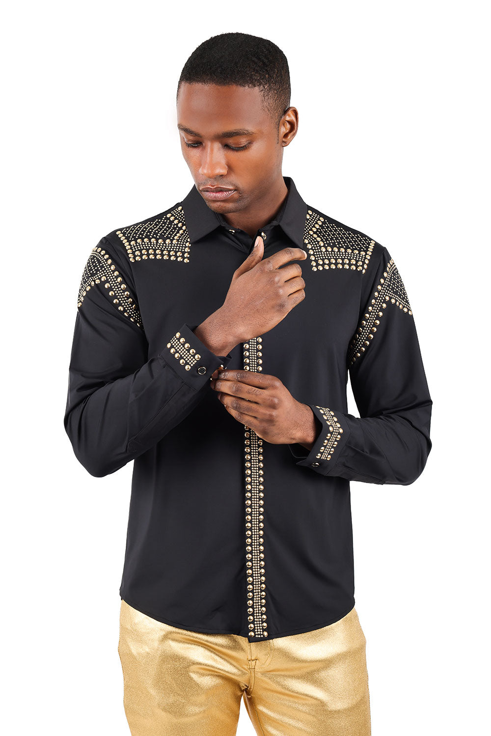 Barabas Men's Studded Premium Solid Long Sleeve Shirts 3B24 Black