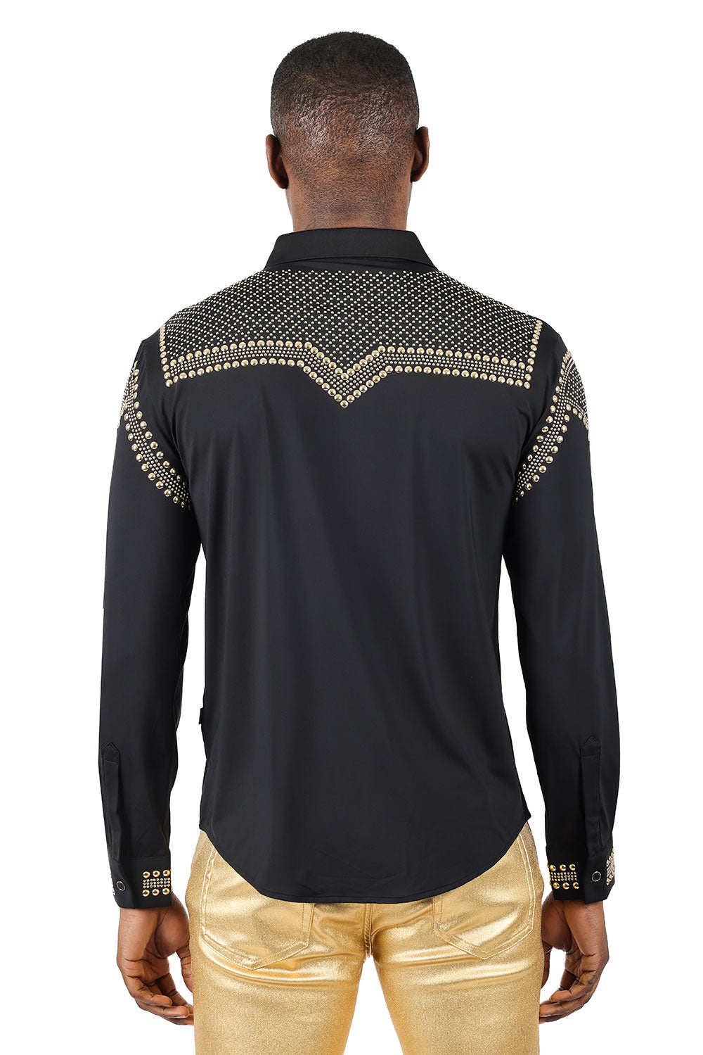 Barabas Men's Studded Premium Solid Long Sleeve Shirts 3B24 Black Gold