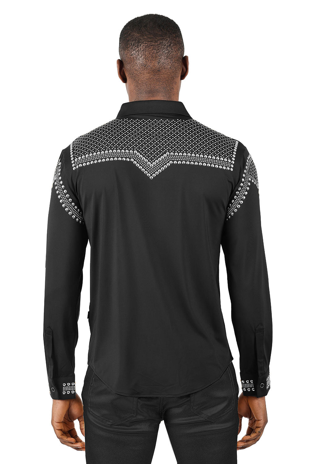 Barabas Men's Studded Premium Solid Long Sleeve Shirts 3B24 Black Silver