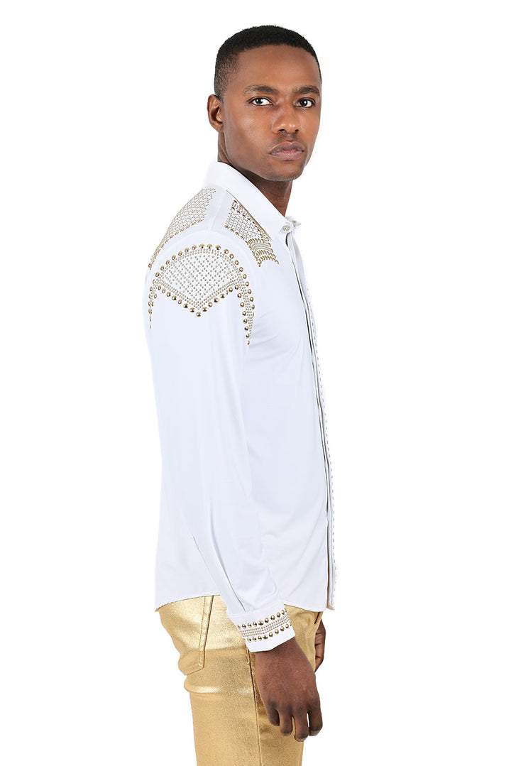 Barabas Men's Studded Premium Solid Long Sleeve Shirts 3B24 White Gold