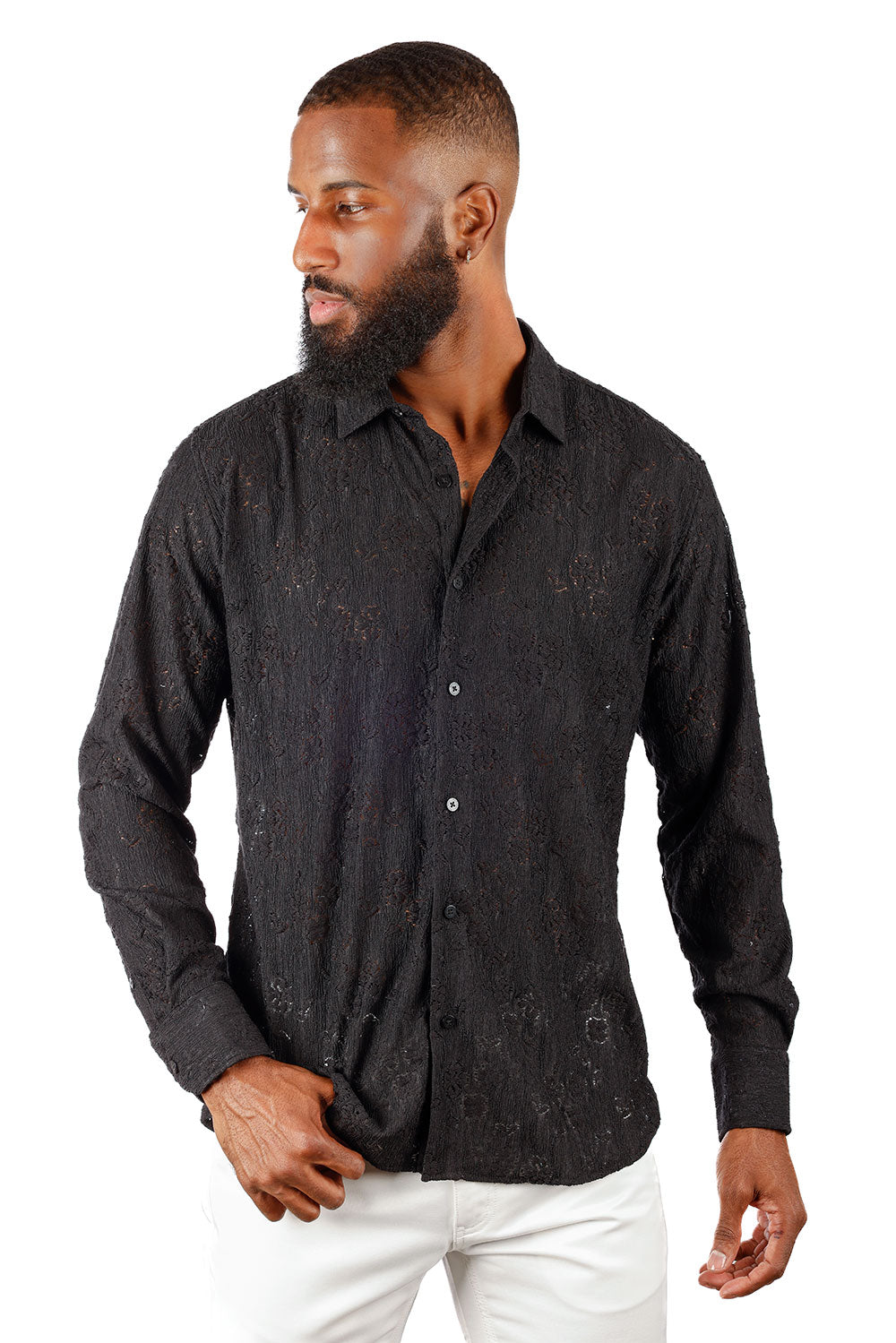 BARABAS Men's Lace See Through Stretch Sheer Long Sleeve Shirts 3B25 Black