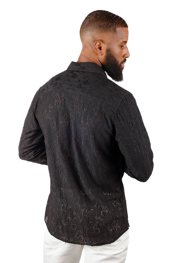 BARABAS Men's Lace See Through Stretch Sheer Long Sleeve Shirts 3B25 Black