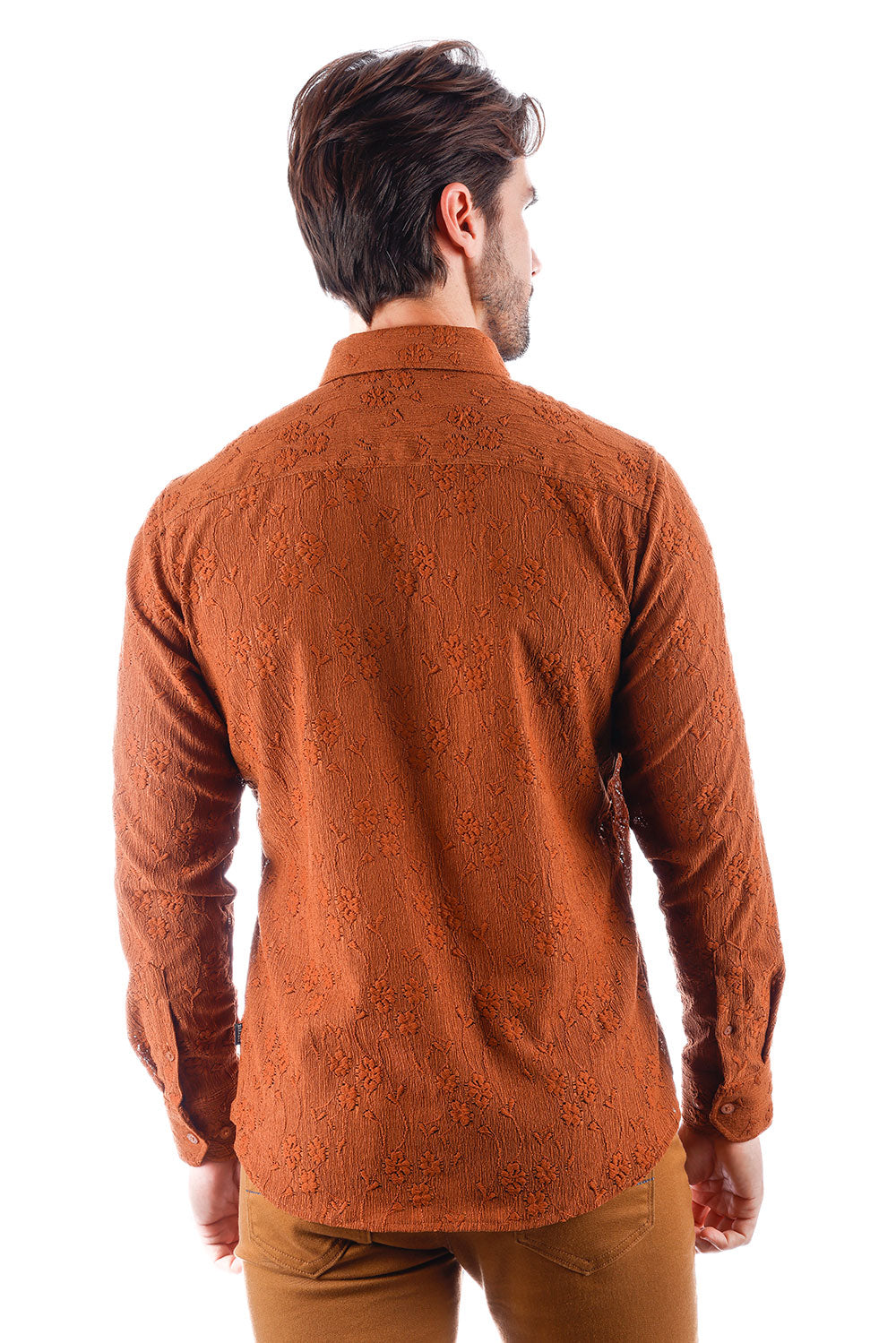 BARABAS Men's Lace See Through Stretch Sheer Long Sleeve Shirts 3B25 Nutshell