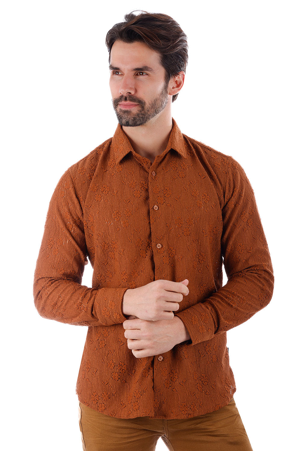 BARABAS Men's Lace See Through Stretch Sheer Long Sleeve Shirts 3B25 Nutshell
