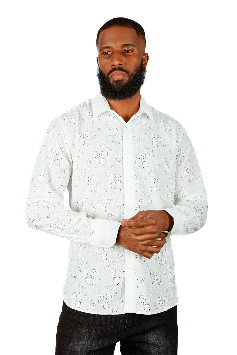 BARABAS Men's Lace See Through Stretch Sheer Long Sleeve Shirts 3B25 White