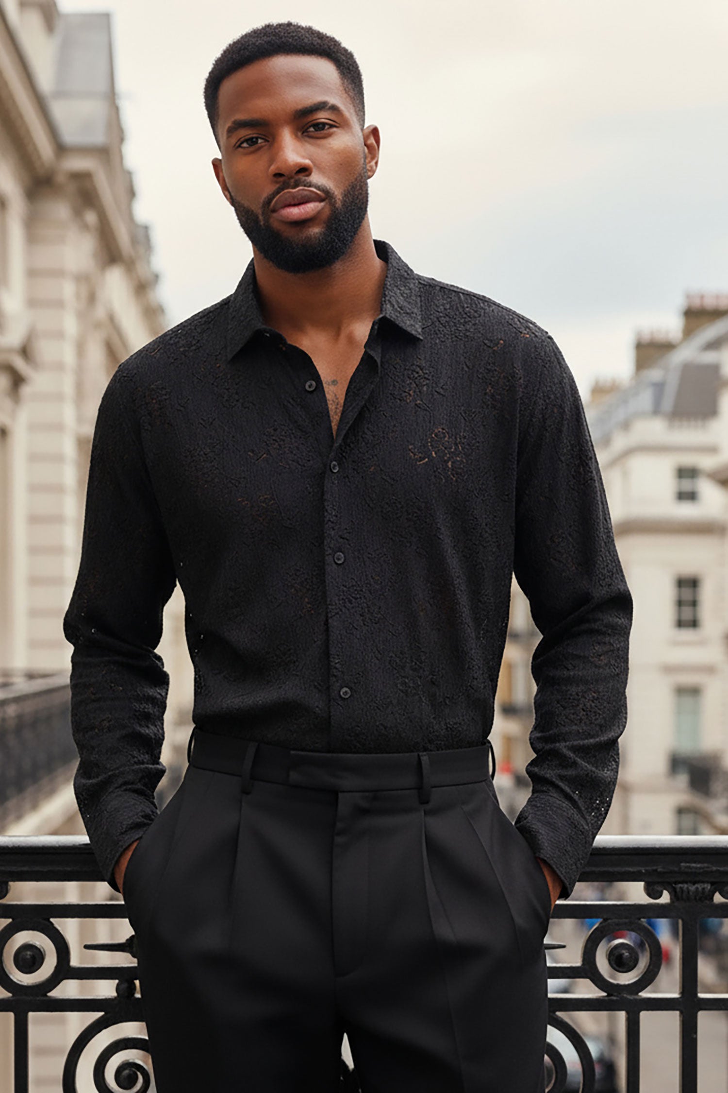 BARABAS Men's Lace See Through Stretch Sheer Long Sleeve Shirts 3B25 Black
