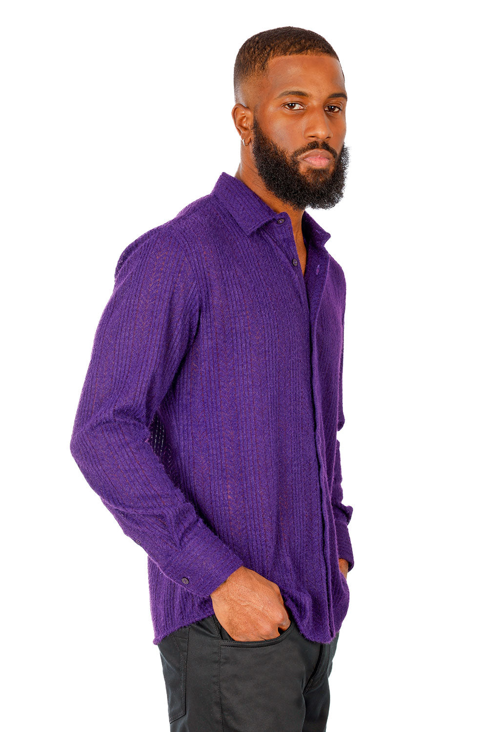 BARABAS Men's Cable Knit Wool Stretch Soft Long Sleeve Shirts 3B26 Purple