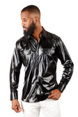 BARABAS Men's Shiny Metallic Stretch Long Sleeve Shirts 3B28 #Color_Black