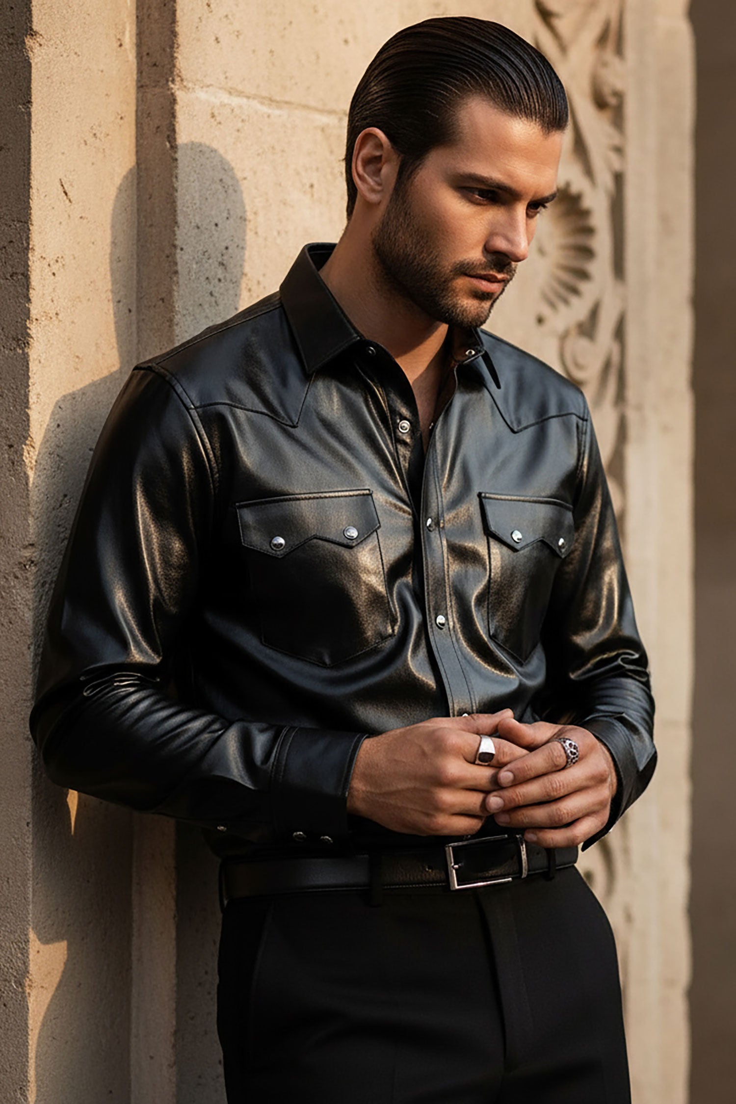 BARABAS Men's Shiny Metallic Stretch Long Sleeve Shirts 3B28 Black