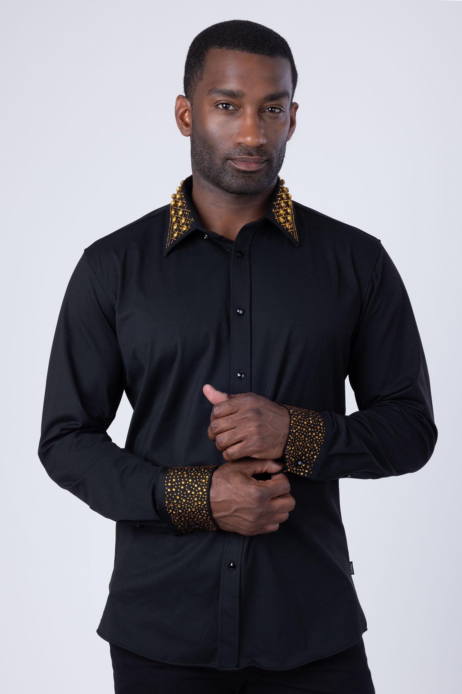 BARABAS Men's Rhinestone Collar Cuff Long Sleeve Shirt 3B29 Black Gold