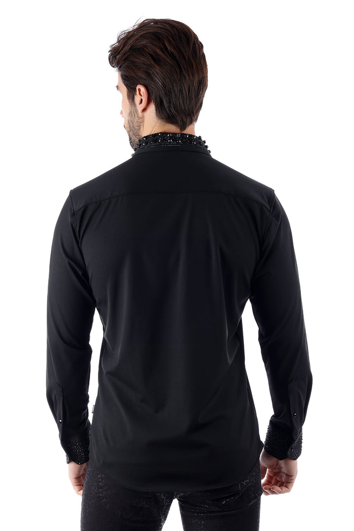BARABAS Men's Rhinestone Collar Cuff Long Sleeve Shirt 3B29 Black