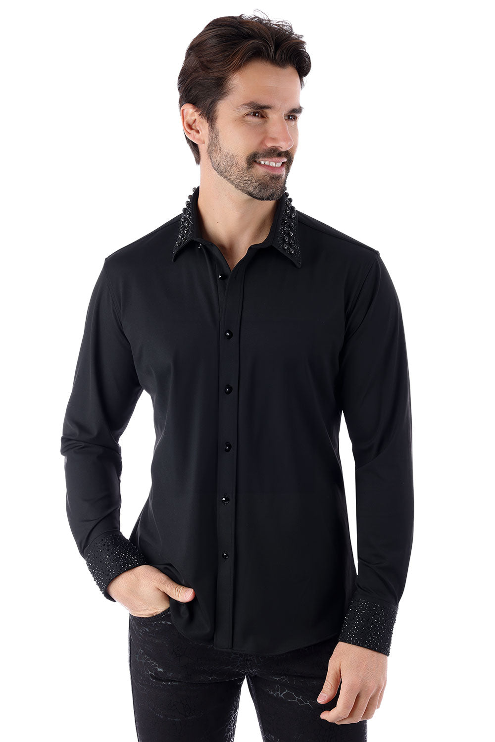 BARABAS Men's Rhinestone Collar Cuff Long Sleeve Shirt 3B29 Black