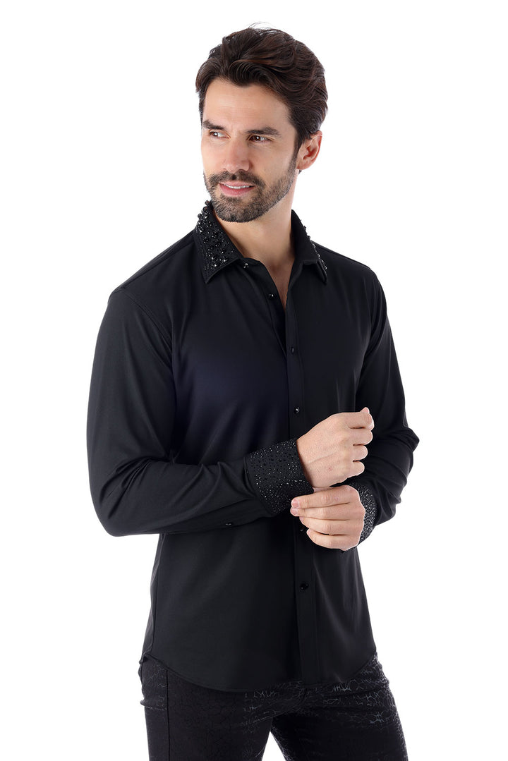 BARABAS Men's Rhinestone Collar Cuff Long Sleeve Shirt 3B29 Black