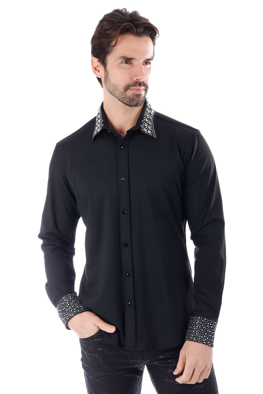 BARABAS Men's Rhinestone Collar Cuff Long Sleeve Shirt 3B29 Black Silver