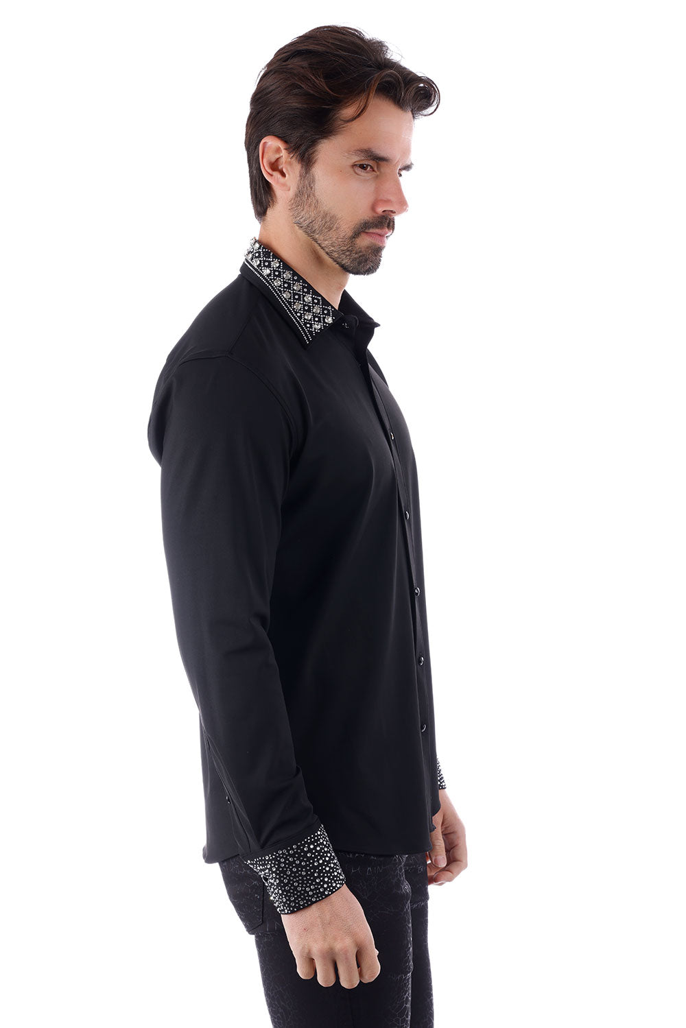 BARABAS Men's Rhinestone Collar Cuff Long Sleeve Shirt 3B29 Black