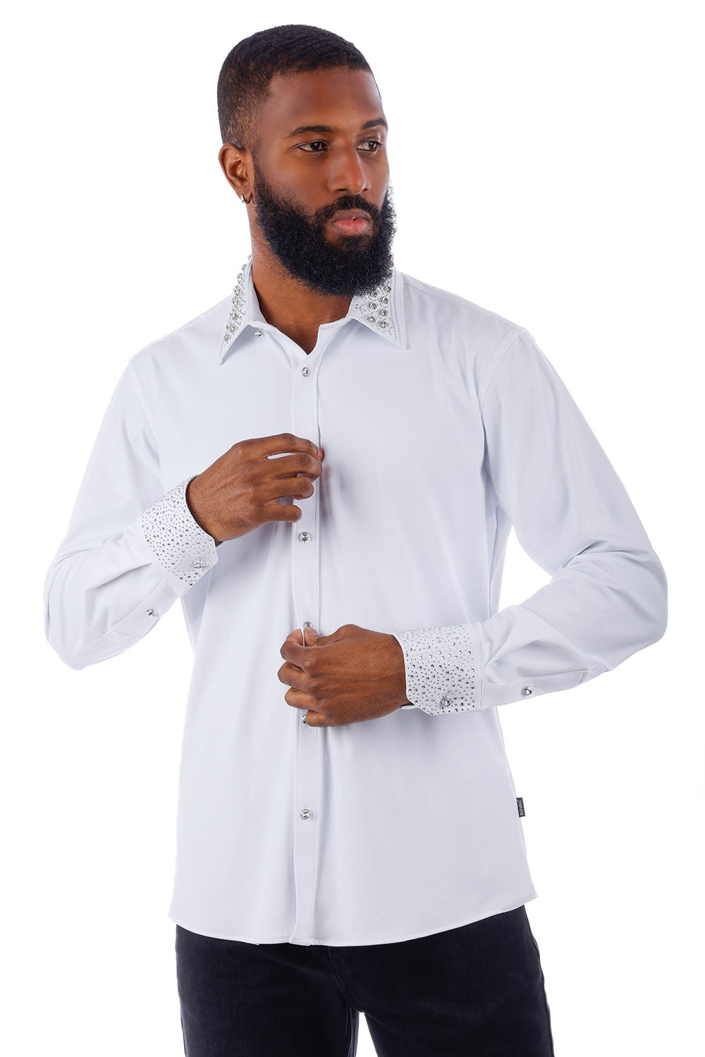 BARABAS Men's Rhinestone Collar Cuff Long Sleeve Shirt 3B29 White