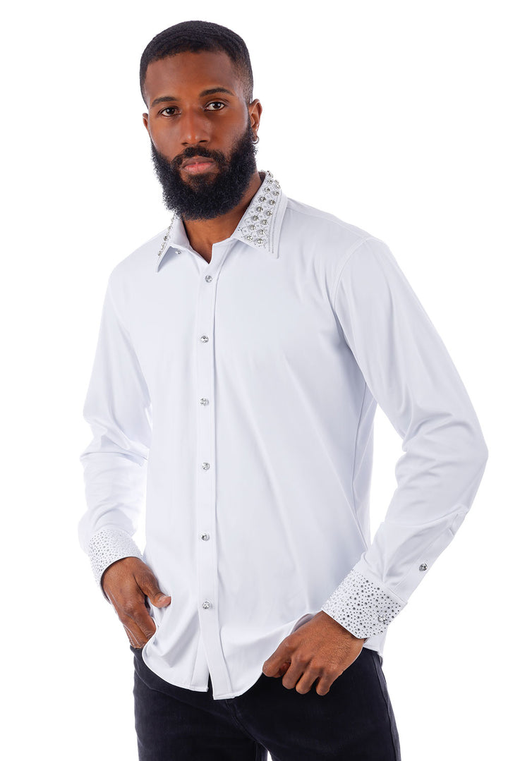 BARABAS Men's Rhinestone Collar Cuff Long Sleeve Shirt 3B29 White