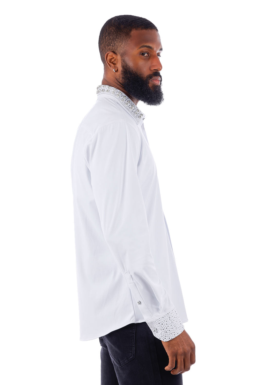 BARABAS Men's Rhinestone Collar Cuff Long Sleeve Shirt 3B29 White