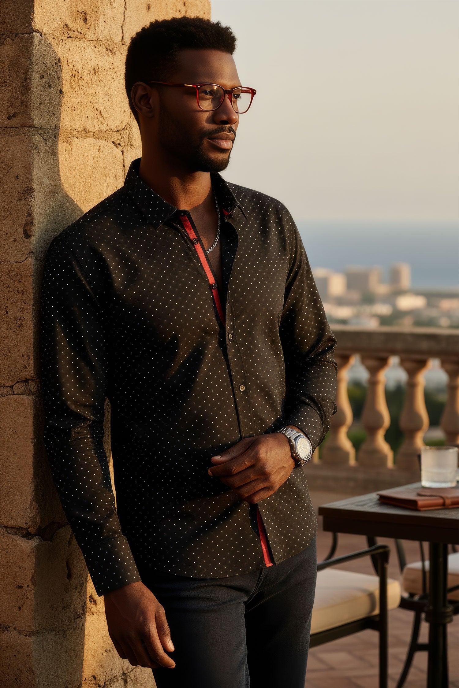 BARABAS Men's Solid Color Polka Dot Print Long Sleeve Shirts 3B358 Black