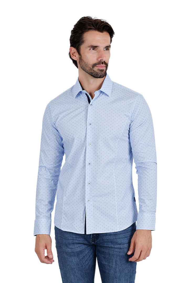 BARABAS Men's Solid Color Polka Dot Print Long Sleeve Shirts 3B358 Blue