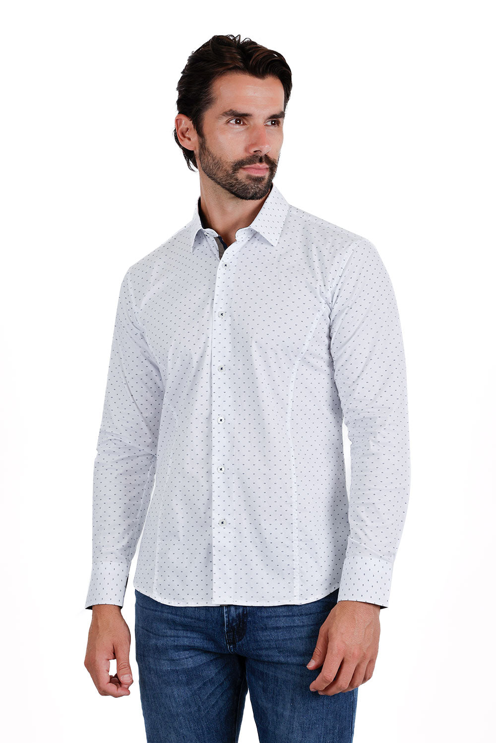 BARABAS Men's Solid Color Polka Dot Print Long Sleeve Shirts 3B358 White