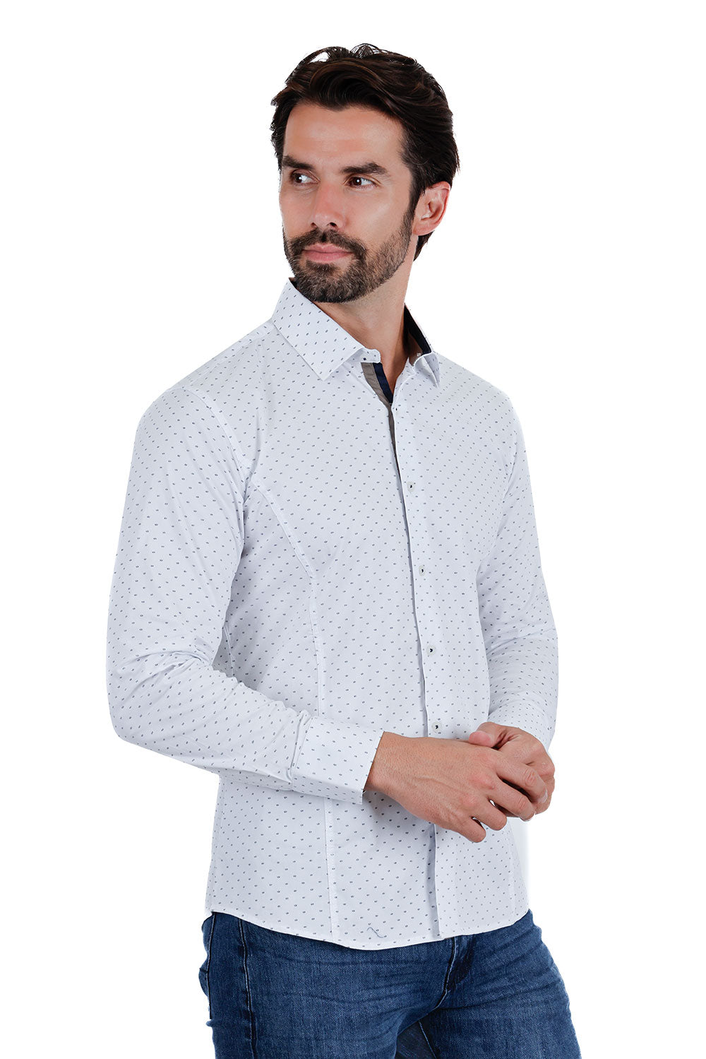 BARABAS Men's Solid Color Polka Dot Print Long Sleeve Shirts 3B358 White